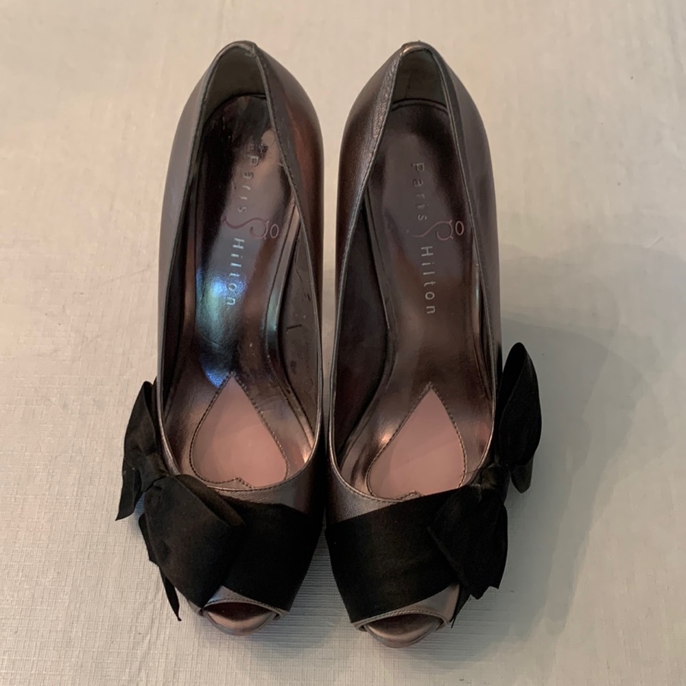 Paris Hilton gunmetal metallic platform pumps